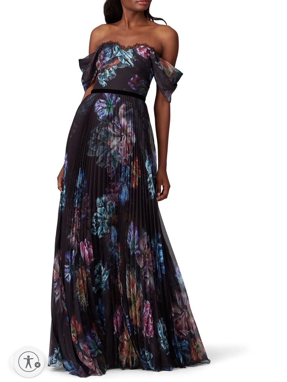 Marchesa Notte Strapless Floral Pleated Maxi Dress in Black Floral - Picture 4 of 6